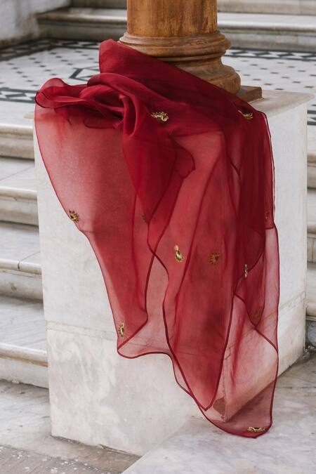 Shop_Jodi_Red Organza, Mulberry Silk Bead Work, Block Print, Tajdar Hand Kurta Set_Online_at_Aza_Fashions