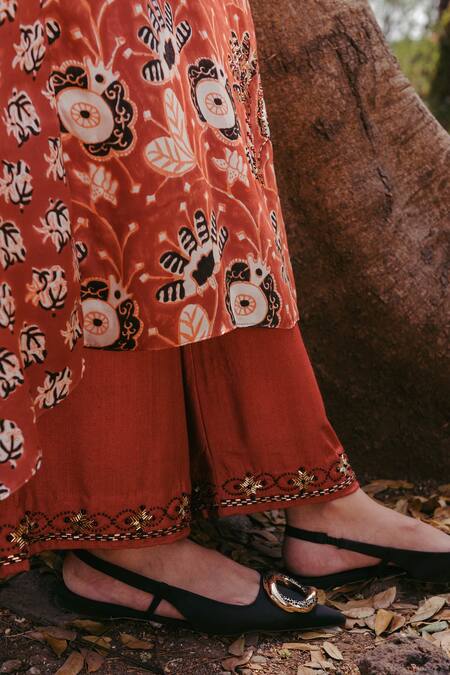 Buy_Jodi_Orange Satin Silk Bead Work, Block Print, Sequins Sultana Kurta And Palazzo Set_Online_at_Aza_Fashions