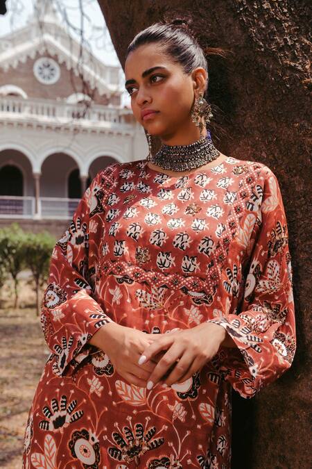 Shop_Jodi_Orange Satin Silk Bead Work, Block Print, Sequins Sultana Kurta And Palazzo Set_Online_at_Aza_Fashions