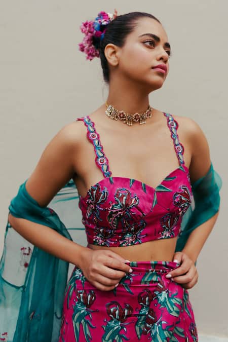 Jodi Pink Satin Silk Bead Work, Block Print, Sequins Sweetheart Gajner Hand Blouse 