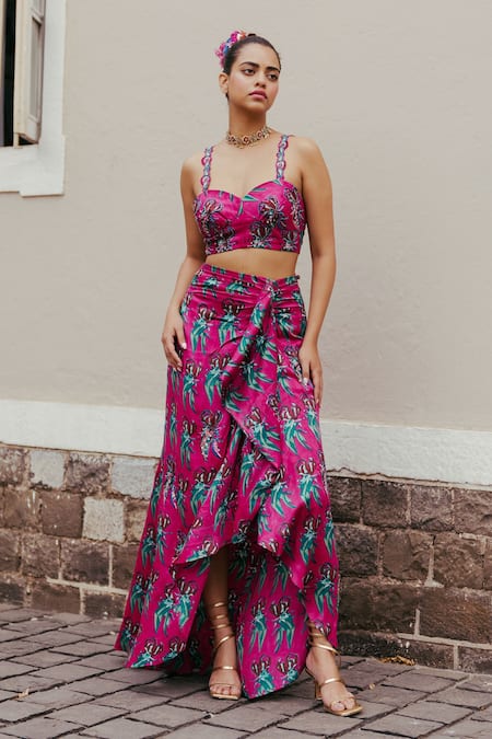 Buy_Jodi_Pink Satin Silk Bead Work, Block Print, Sequins Sweetheart Gajner Hand Blouse_Online_at_Aza_Fashions