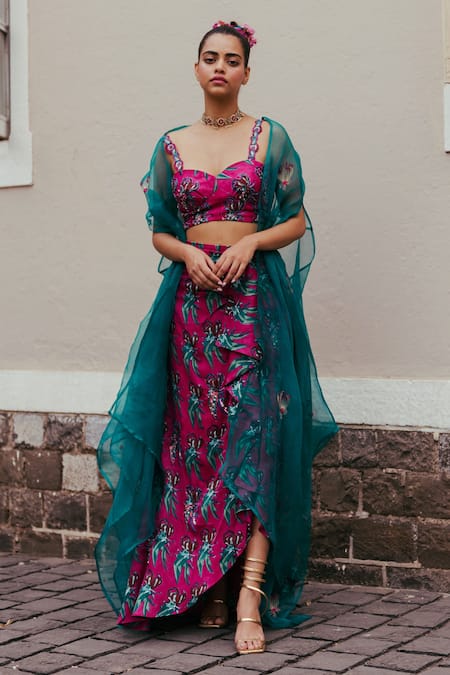 Shop_Jodi_Pink Satin Silk Bead Work, Block Print, Sequins Sweetheart Gajner Hand Blouse_Online_at_Aza_Fashions