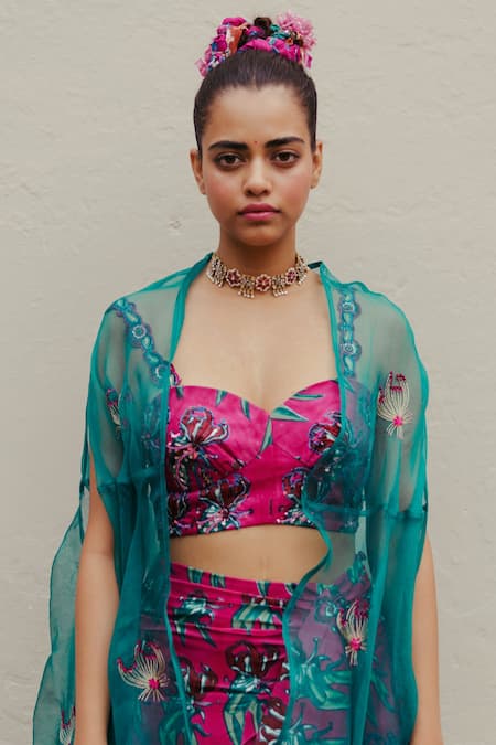 Jodi_Pink Satin Silk Bead Work, Block Print, Sequins Sweetheart Gajner Hand Blouse_at_Aza_Fashions
