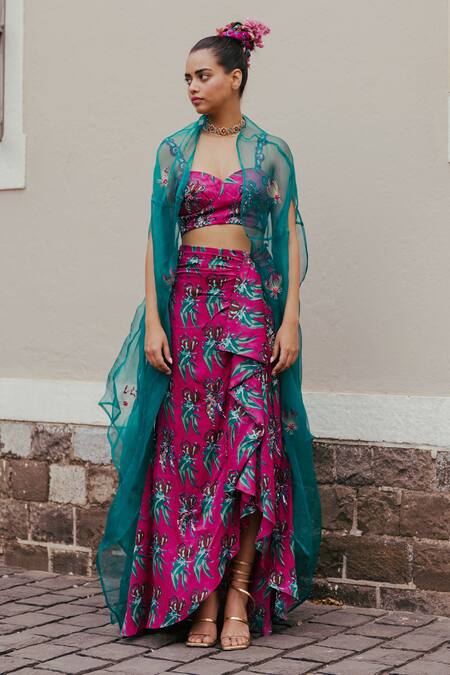 Jodi_Pink Satin Silk Bead Work, Block Print, Sequins Gajner Draped Skirt_Online_at_Aza_Fashions