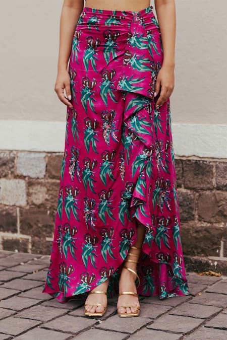 Buy_Jodi_Pink Satin Silk Bead Work, Block Print, Sequins Gajner Draped Skirt_Online_at_Aza_Fashions