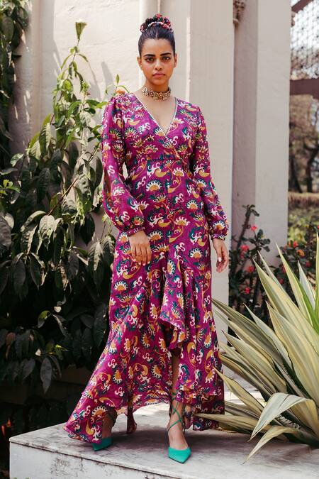 Buy_Jodi_Pink Mulberry Silk Block Print, Sequin Work V Neck Shekhawati Dress_Online_at_Aza_Fashions