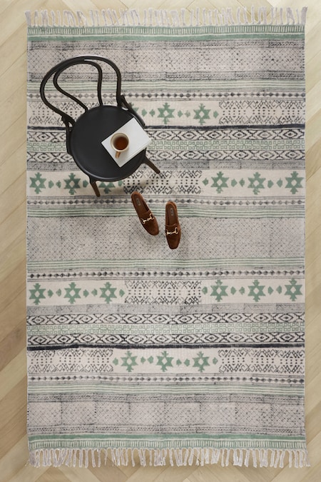 ORNA Green 100% Cotton Block Print Hand Rug