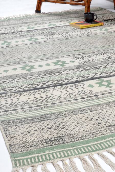 Buy_Orna_Green 100% Cotton Block Print Hand Rug_Online_at_Aza_Fashions