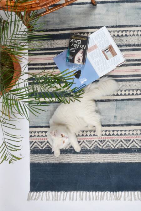 Buy_Orna_Blue 100% Cotton Block Print Hand Rug_Online_at_Aza_Fashions