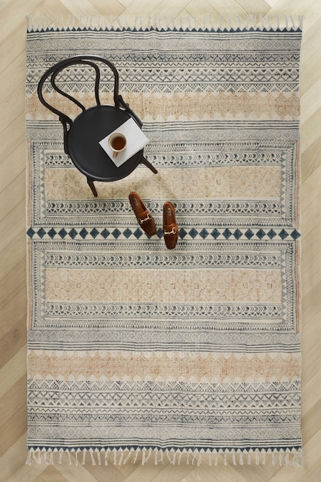 ORNA Blue 100% Cotton Block Print Hand Rug