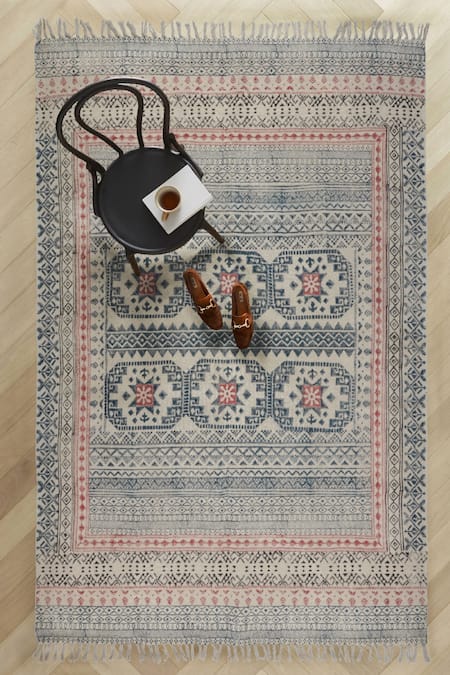 ORNA Blue 100% Cotton Block Print Hand Rug 