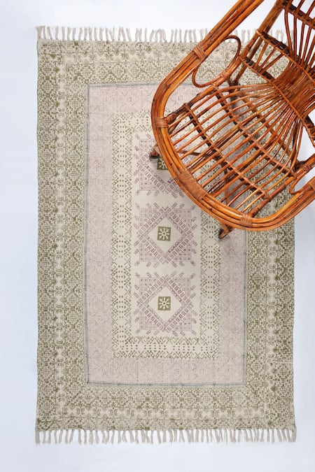 ORNA Green 100% Cotton Block Print Hand Rug 