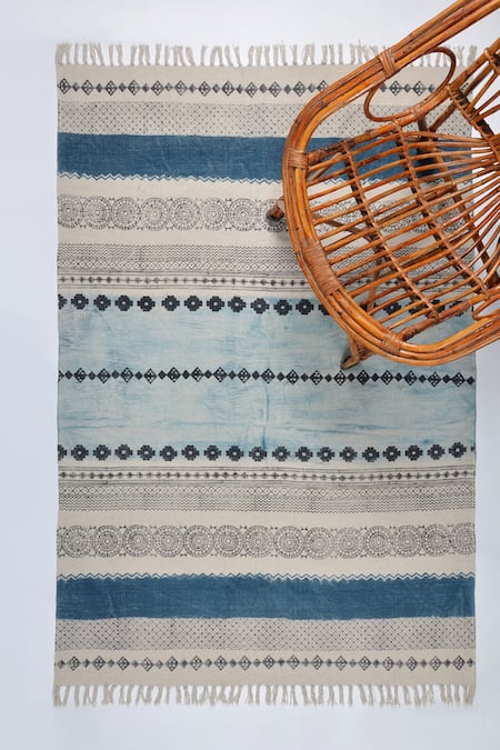 ORNA Blue 100% Cotton Block Print Hand Rug 