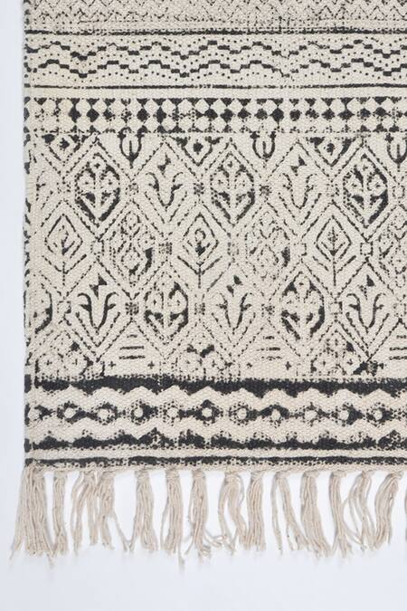 Orna_Black 100% Cotton Block Print Hand Rug_Online_at_Aza_Fashions