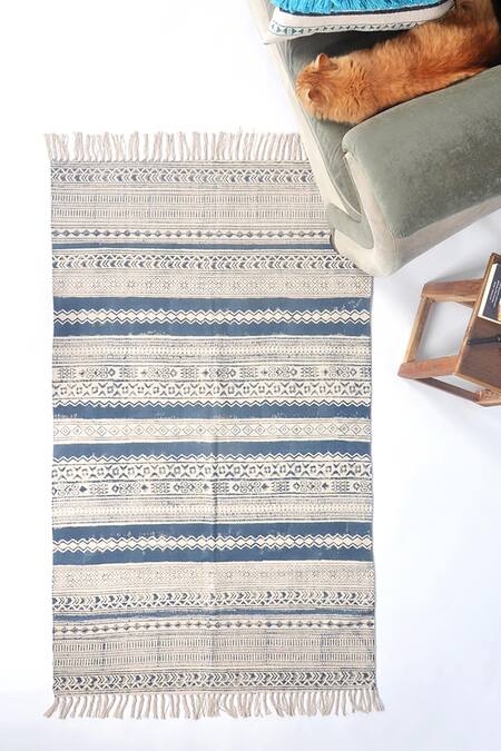 Orna_Blue 100% Cotton Block Print Hand Rug_Online_at_Aza_Fashions