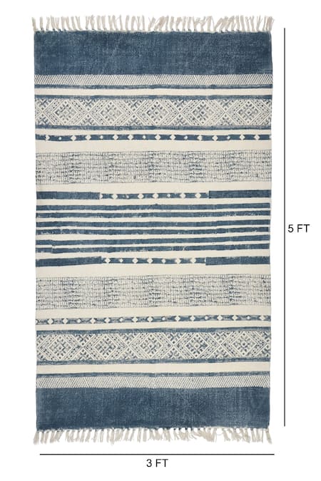 Orna_Blue 100% Cotton Block Print Hand Rug _Online_at_Aza_Fashions