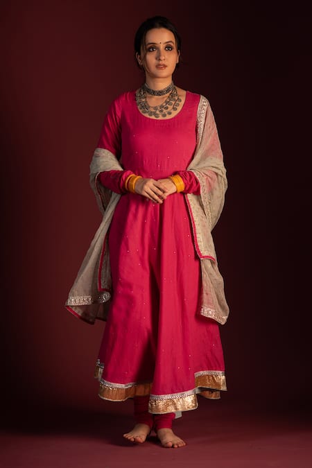 Pants And Pajamas_Pink Cotton Floral Motifs Round Mangal Chikankari Anarkali _Online_at_Aza_Fashions