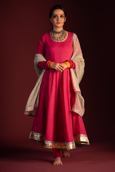 Buy_Pants And Pajamas_Pink Cotton Floral Motifs Round Mangal Chikankari Anarkali _Online_at_Aza_Fashions