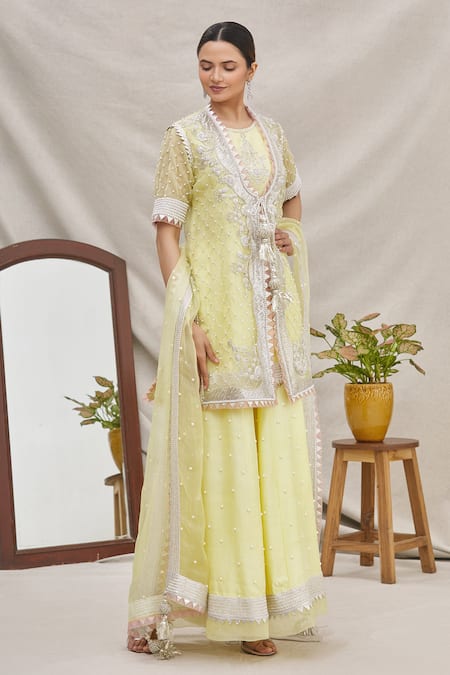 Ekta Singh_Yellow Silk, Organza Kurta Round Jacket And Gharara Set _Online_at_Aza_Fashions