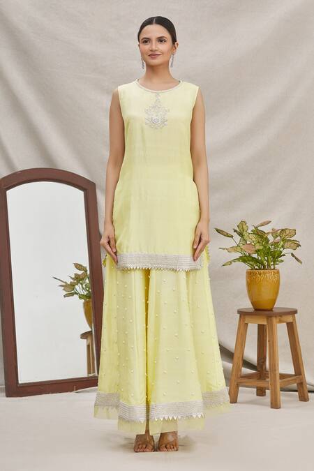 Buy_Ekta Singh_Yellow Silk, Organza Kurta Round Jacket And Gharara Set _Online_at_Aza_Fashions