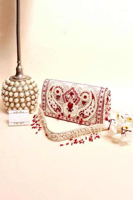 Kainiche by Mehak Red Embellishment Lumiere Clutch With Strap