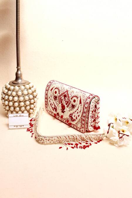 Kainiche By Mehak_Red Embellishment Lumiere Clutch With Strap _Online_at_Aza_Fashions
