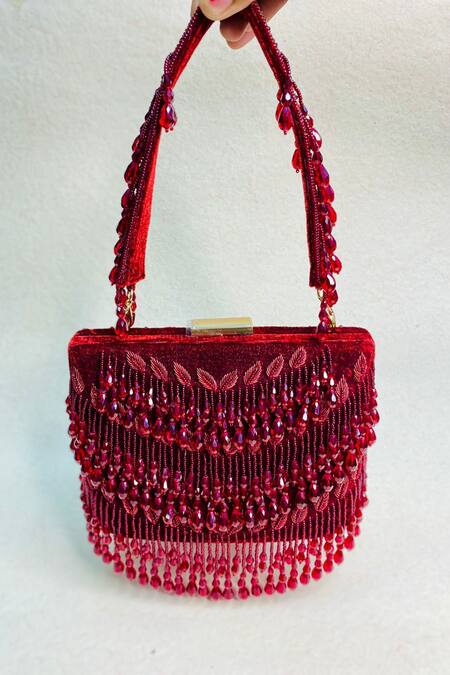Kainiche By Mehak_Maroon Embellishment Pearlent Bag With Handle _Online_at_Aza_Fashions