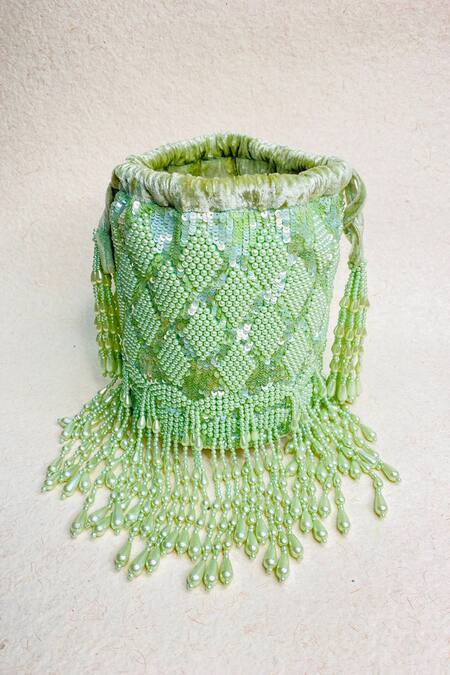Kainiche By Mehak_Green Embellishment Oceana Potli With Strap _Online_at_Aza_Fashions