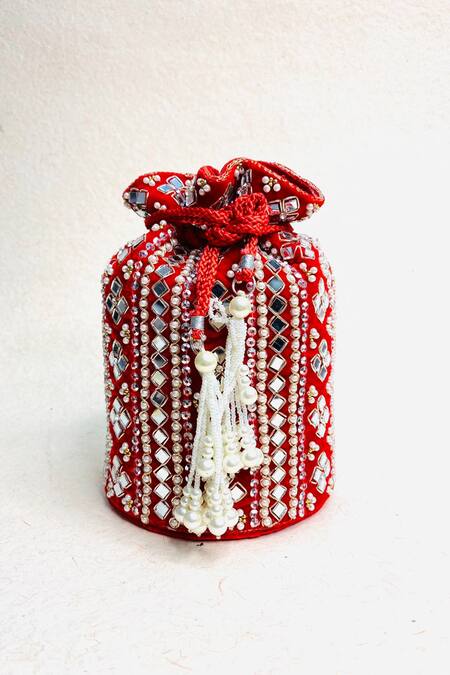 Buy_Kainiche By Mehak_Red Embroidery Mirror Embellished Potli Bag _Online_at_Aza_Fashions
