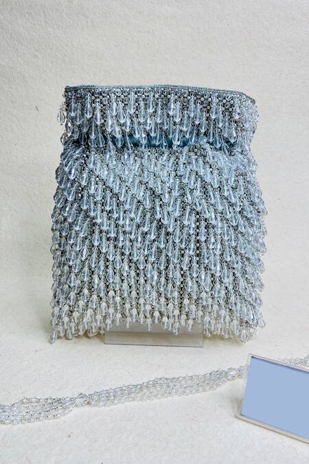 Buy_Kainiche By Mehak_Silver Embellishment Ritz Bead Drop Potli Bag With Sling _Online_at_Aza_Fashions