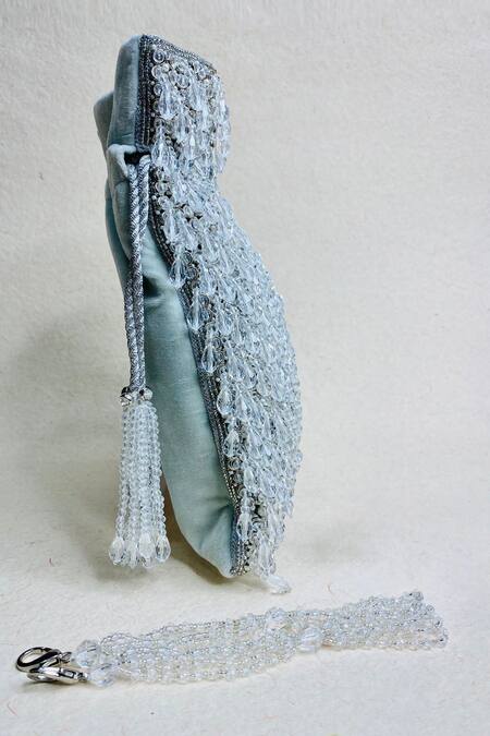 Shop_Kainiche By Mehak_Silver Embellishment Ritz Bead Drop Potli Bag With Sling _Online_at_Aza_Fashions