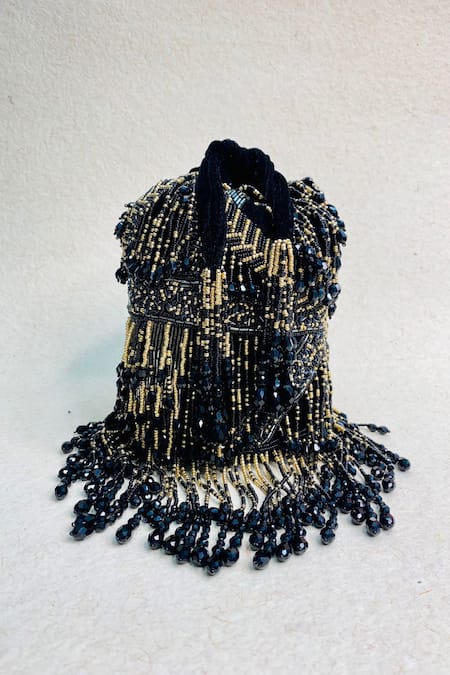 Kainiche By Mehak Black Embellishment Sombre Potli Bag With Strap 