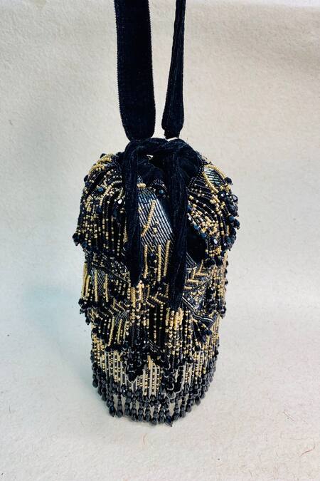 Buy_Kainiche By Mehak_Black Embellishment Sombre Potli Bag With Strap _Online_at_Aza_Fashions
