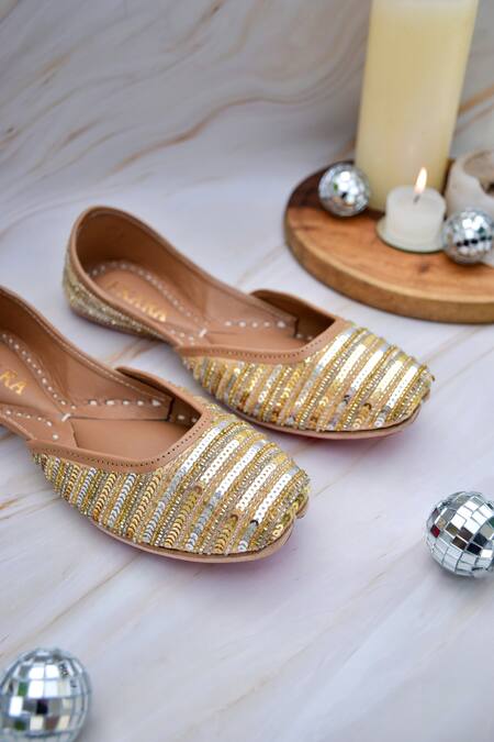 House Of Ekara_Gold Embroidered Shimmer Juttis _Online_at_Aza_Fashions