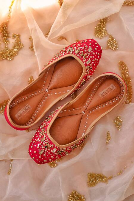 House Of Ekara_Red Embroidered Enchanted Enigma Juttis_Online_at_Aza_Fashions