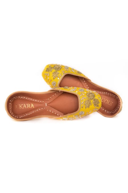 House Of Ekara Mango Yellow Embroidered Juttis 