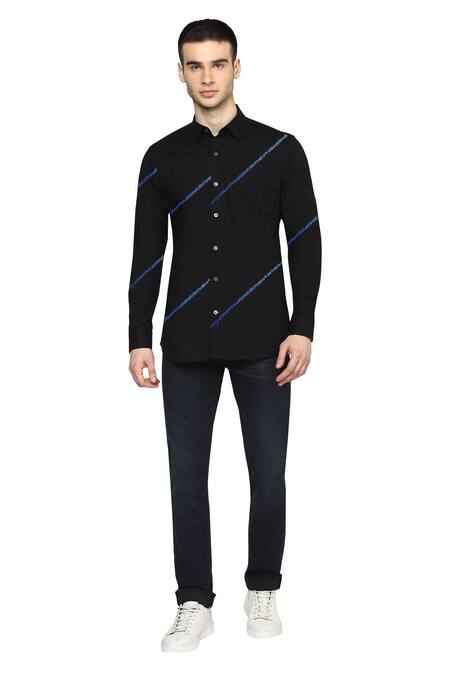 Noonoo Black 100% Giza Cotton Embroidered Zig Zag Blur Shirt 