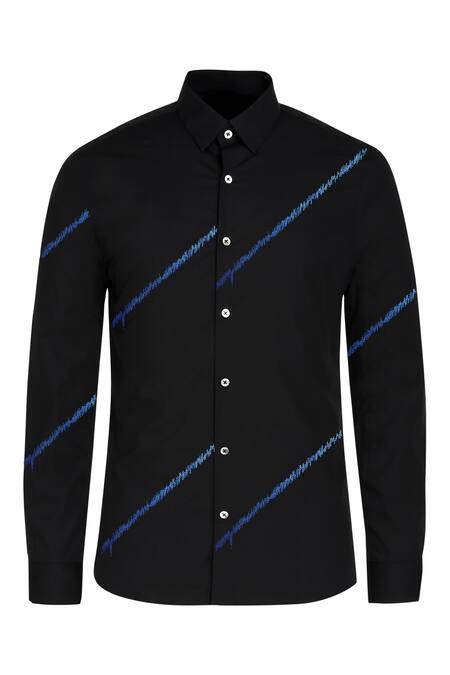 Buy_Noonoo_Black 100% Giza Cotton Zig Zag Blur Embroidered Shirt _Online_at_Aza_Fashions