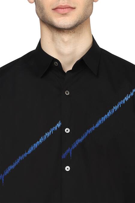 Noonoo_Black 100% Giza Cotton Zig Zag Blur Embroidered Shirt _at_Aza_Fashions