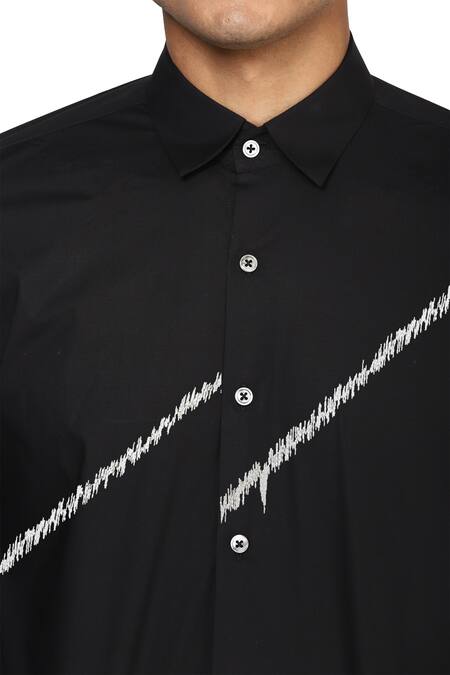 Noonoo_Black 100% Giza Cotton Zig Zag Blur Embroidered Panel Shirt _at_Aza_Fashions