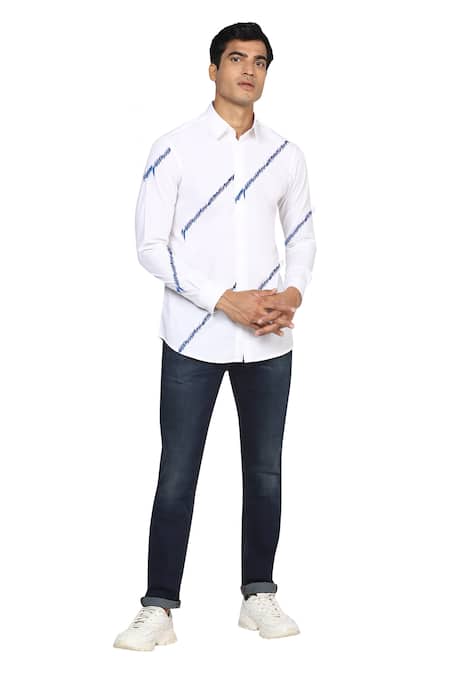 Noonoo White 100% Giza Cotton Embroidered Zig Zag Blur Shirt 