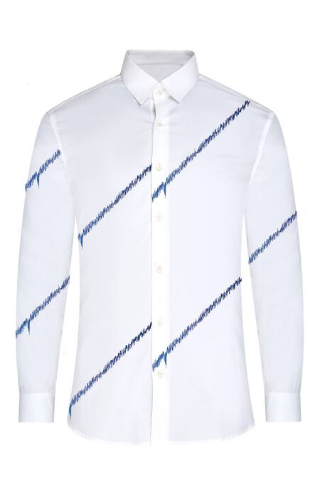 Noonoo White 100% Giza Cotton Zig Zag Blur Embroidered Shirt Online at Aza Fashions Noonoo_White 100% Giza Cotton Zig Zag Blur Embroidered Shirt _Online_at_Aza_Fashions