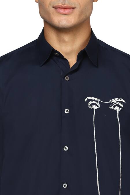 Noonoo Blue 100% Giza Cotton I See You Embroidered Shirt Online at Aza Fashions Noonoo_Blue 100% Giza Cotton I See You Embroidered Shirt _Online_at_Aza_Fashions