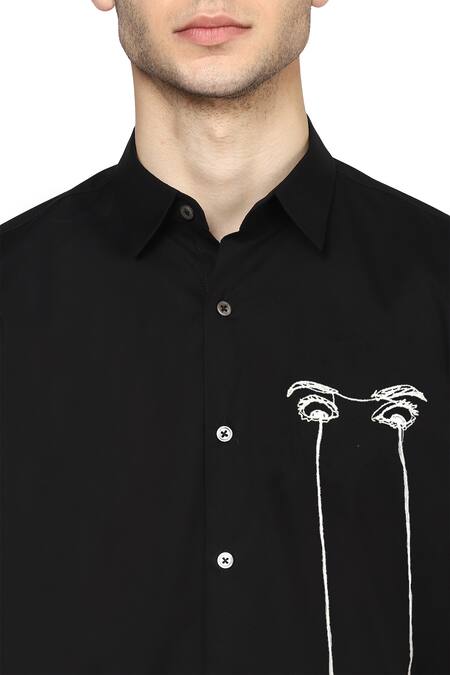 Noonoo Black 100% Giza Cotton I See You Embroidered Shirt Online at Aza Fashions Noonoo_Black 100% Giza Cotton I See You Embroidered Shirt _Online_at_Aza_Fashions