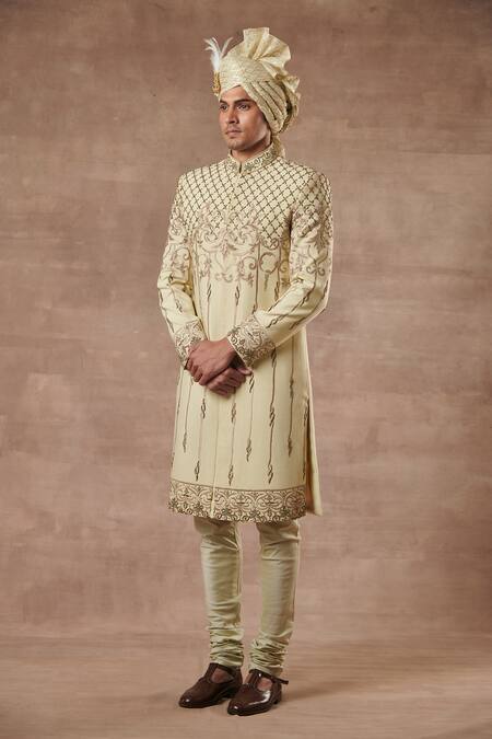 Gargee Designers_Green Cotton Silk Floral Embroidered Sherwani Set_Online_at_Aza_Fashions