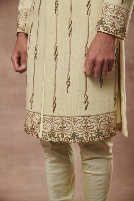 Shop_Gargee Designers_Green Cotton Silk Floral Embroidered Sherwani Set_Online_at_Aza_Fashions
