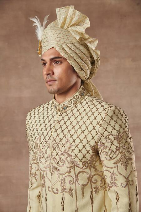 Gargee Designers_Green Cotton Silk Floral Embroidered Sherwani Set_at_Aza_Fashions