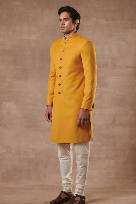 Gargee Designers_Yellow Cotton Silk, Poly Viscose Full Sleeve Sherwani Set _Online_at_Aza_Fashions