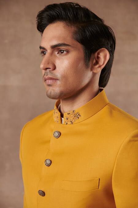 Buy_Gargee Designers_Yellow Cotton Silk, Poly Viscose Full Sleeve Sherwani Set _Online_at_Aza_Fashions