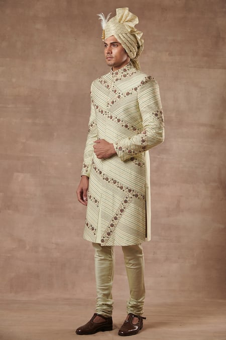 Gargee Designers_Green Cotton , Slub Floral Embroidered Sherwani Set _Online_at_Aza_Fashions